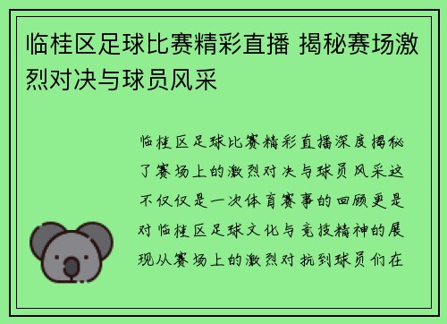 临桂区足球比赛精彩直播 揭秘赛场激烈对决与球员风采